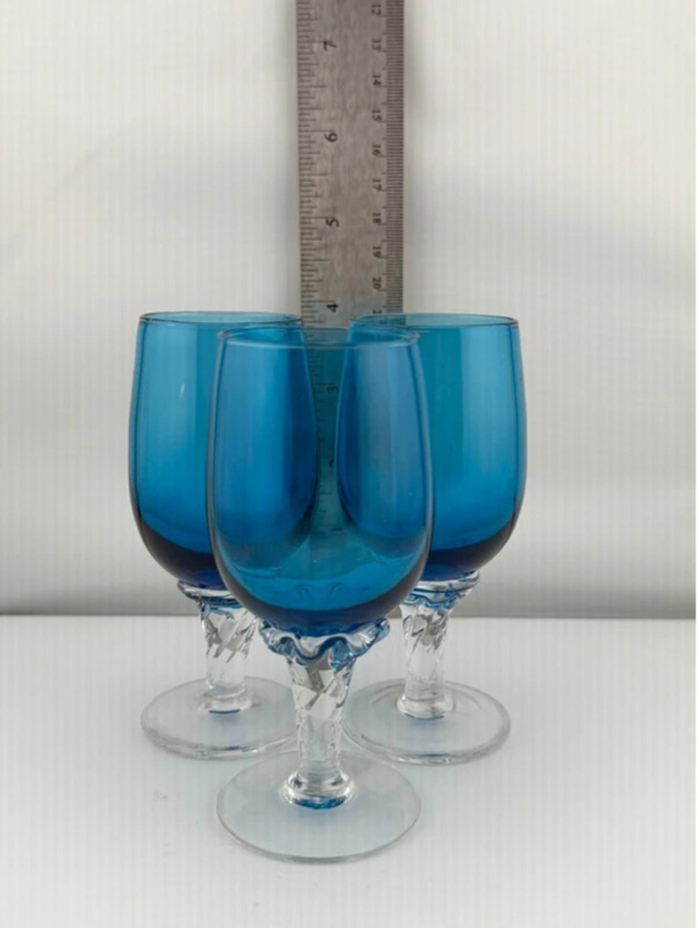 Vintage Cobalt Blue Art Glass Goblets Clear Twisted Stems – Set of 3